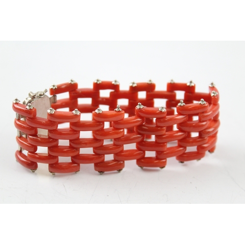 300 - Sterling Silver Panther Link Coral Bracelet 36g