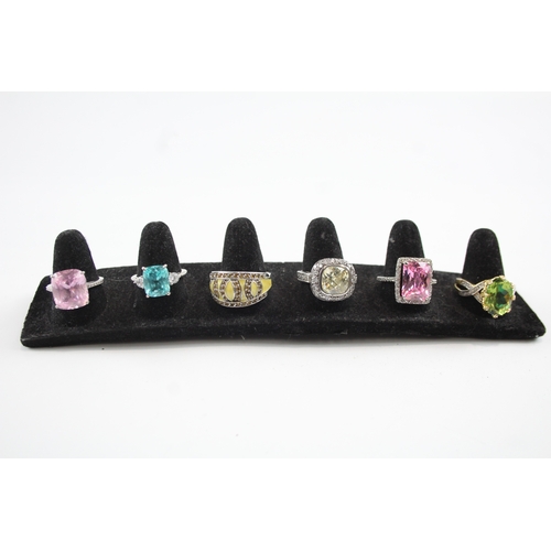 312 - Collection of Sterling Silver CZ Rings inc. Cocktail, Enamel, Solitaire x 6 35g