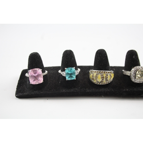 312 - Collection of Sterling Silver CZ Rings inc. Cocktail, Enamel, Solitaire x 6 35g