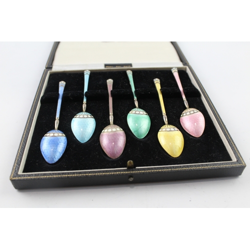 350 - 6 x Vintage 1960 Birmingham Sterling Silver Guilloche Enamel Spoons Cased (68g)