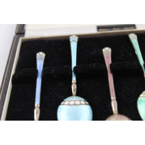 350 - 6 x Vintage 1960 Birmingham Sterling Silver Guilloche Enamel Spoons Cased (68g)