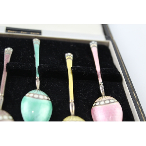 350 - 6 x Vintage 1960 Birmingham Sterling Silver Guilloche Enamel Spoons Cased (68g)