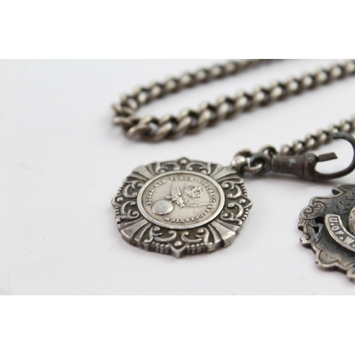 358 - Antique / Vintage .925 Sterling Silver Albert Chain w/ 2 Fobs / Medallions (52g)