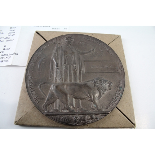 387 - WW1 Death Plaque & Card Holder Named James Hicks