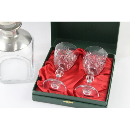 417 - Thomas Webb Crystal Glasses Set In Box & Glass Vintage Decanter x 2