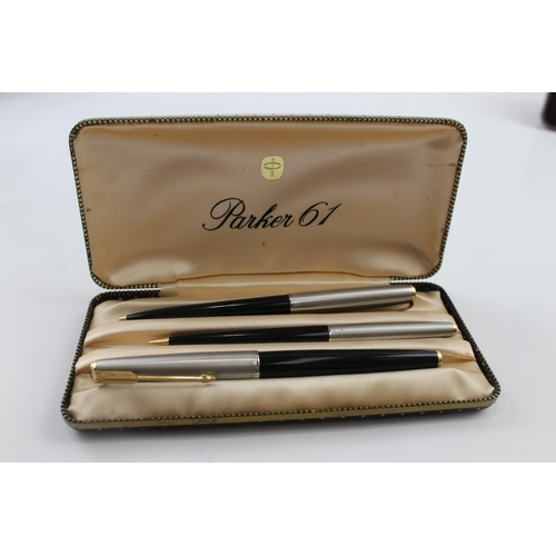 493 - Vintage Parker 61 Fountain Pen Set w/ 14ct Gold Nib, Ballpoint, Pencil, Box Etc