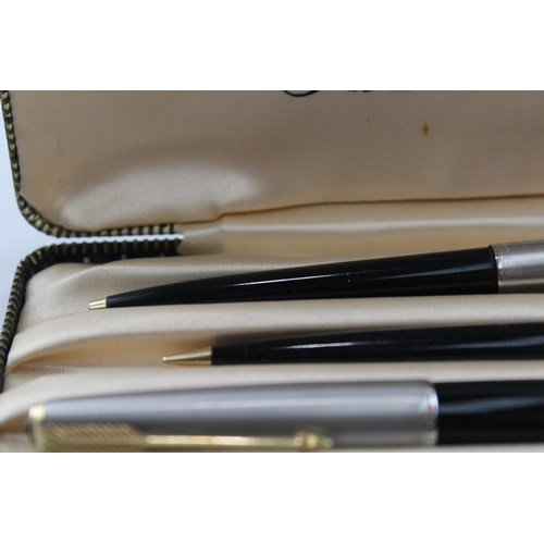 493 - Vintage Parker 61 Fountain Pen Set w/ 14ct Gold Nib, Ballpoint, Pencil, Box Etc