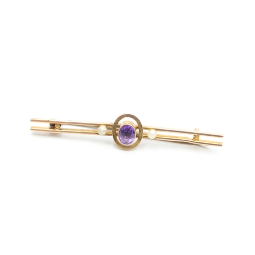 53 - 9ct rose gold antique seed pearl and amethyst set bar brooch (1.6g)