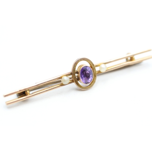 53 - 9ct rose gold antique seed pearl and amethyst set bar brooch (1.6g)