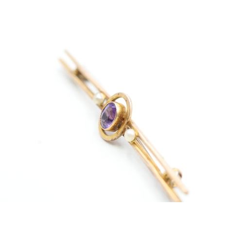 53 - 9ct rose gold antique seed pearl and amethyst set bar brooch (1.6g)