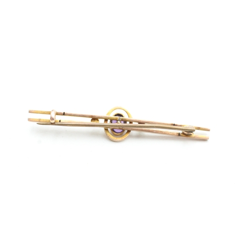 53 - 9ct rose gold antique seed pearl and amethyst set bar brooch (1.6g)