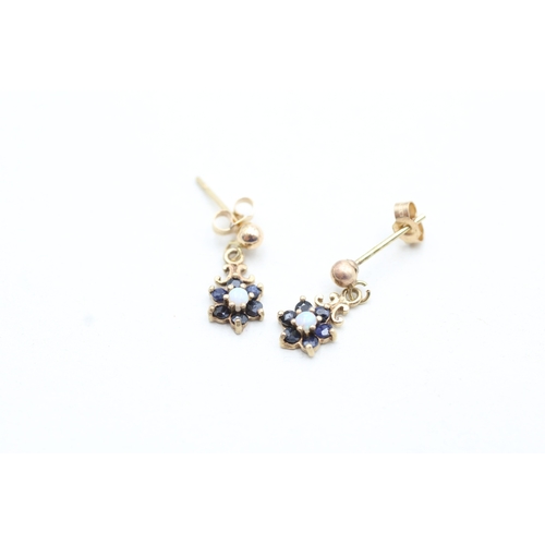 69 - 9ct gold sapphire and opal set cluster drop earrings (0.9g)