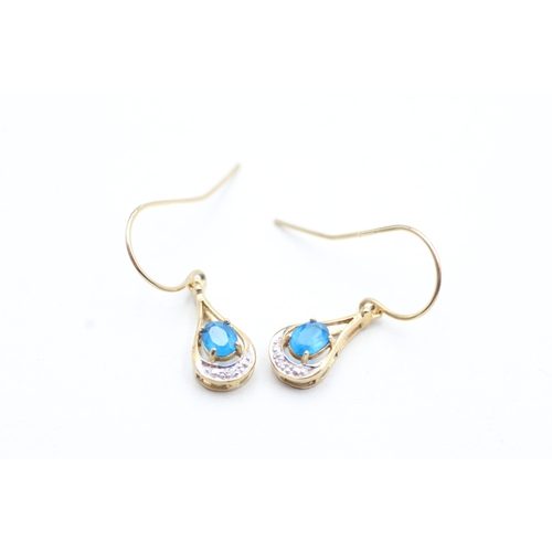 76 - 9ct gold diamond and blue gemstone set drop earrings (1.5g)