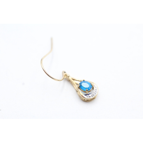 76 - 9ct gold diamond and blue gemstone set drop earrings (1.5g)