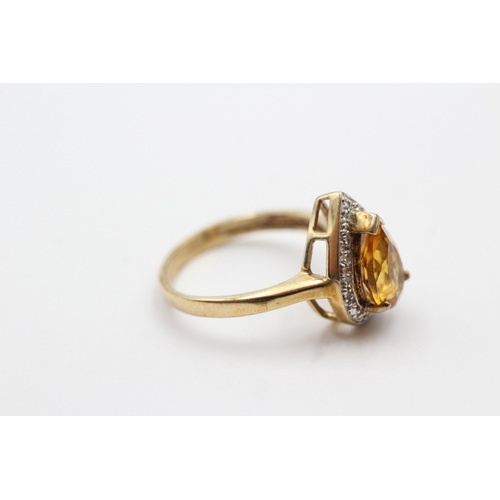 86 - 9ct gold cirtine and diamond pear halo gemstone ring (3.5g) Size P