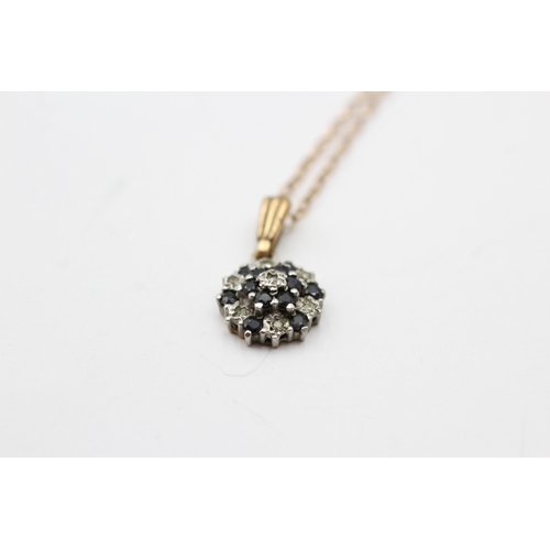 88 - 9ct gold sapphire and diamond cluster pendant on chain (2.1g)