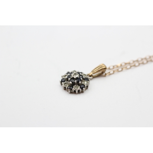 88 - 9ct gold sapphire and diamond cluster pendant on chain (2.1g)