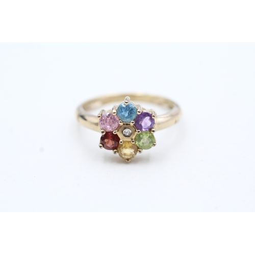 98 - 9ct gold diamond, garnet, citrine, amethyst, peridot, blue topaz cluster ring (2.9g) Size P 1/2