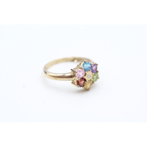 98 - 9ct gold diamond, garnet, citrine, amethyst, peridot, blue topaz cluster ring (2.9g) Size P 1/2