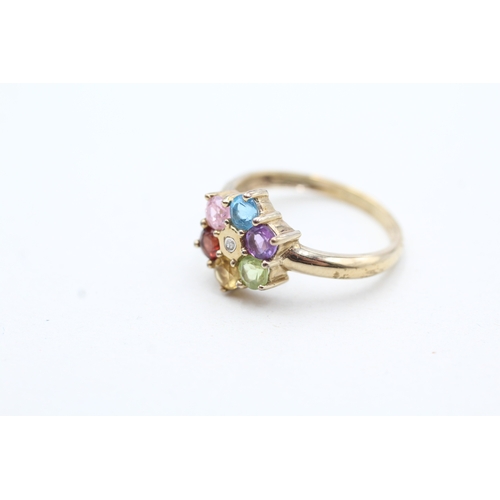 98 - 9ct gold diamond, garnet, citrine, amethyst, peridot, blue topaz cluster ring (2.9g) Size P 1/2