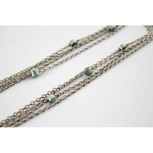 297 - Antique Sterling Silver Turquoise Set Sautoir Chain w/ Dog Clip 15g