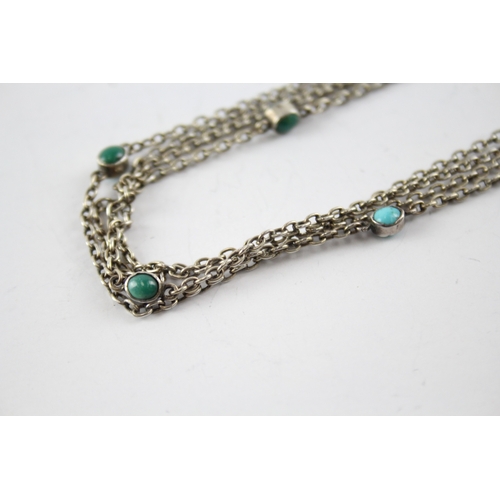 297 - Antique Sterling Silver Turquoise Set Sautoir Chain w/ Dog Clip 15g