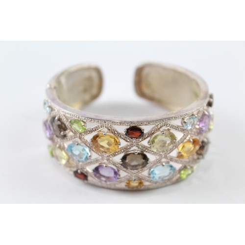 Sterling Silver Multi Gemstone Cuff Bangle inc. Topaz, Garnet, Citrine 48g