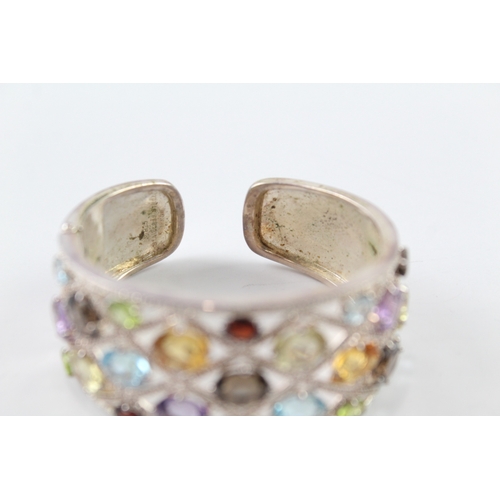 331 - Sterling Silver Multi Gemstone Cuff Bangle inc. Topaz, Garnet, Citrine 48g