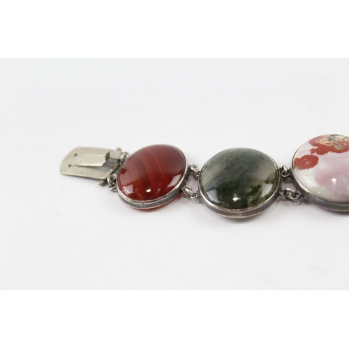 336 - Antique Silver Scottish Revival Gemstone Panel Bracelet 34g