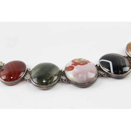 336 - Antique Silver Scottish Revival Gemstone Panel Bracelet 34g