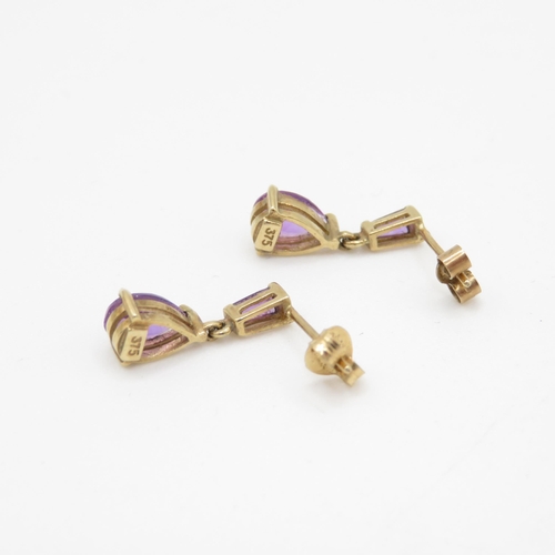 35 - 9ct gold amethyst set drop earrings (1.4g)