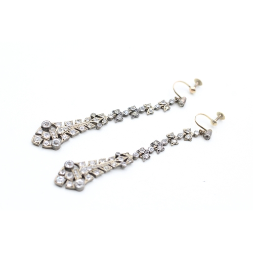 116 - 9ct gold and silver antique clear paste screw back drop earrings (10.2g)