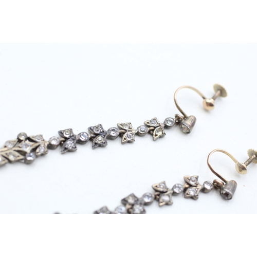 116 - 9ct gold and silver antique clear paste screw back drop earrings (10.2g)