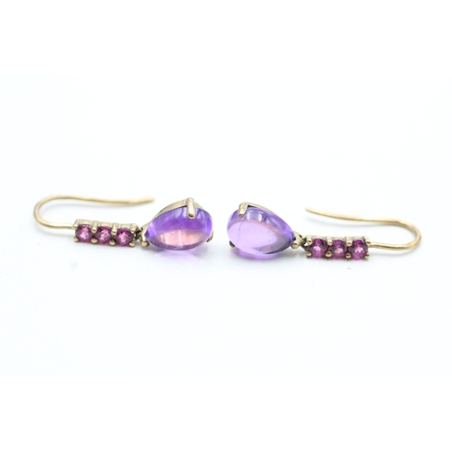 151 - 9ct gold cabochon cut amethyst & pink gemstone drop earrings with French hooks (1.9g)