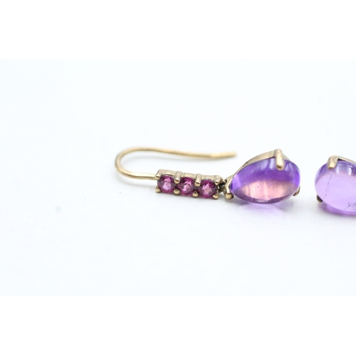 151 - 9ct gold cabochon cut amethyst & pink gemstone drop earrings with French hooks (1.9g)