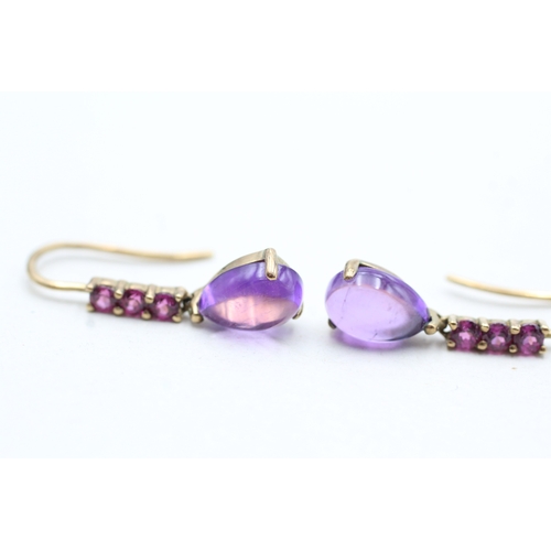 151 - 9ct gold cabochon cut amethyst & pink gemstone drop earrings with French hooks (1.9g)