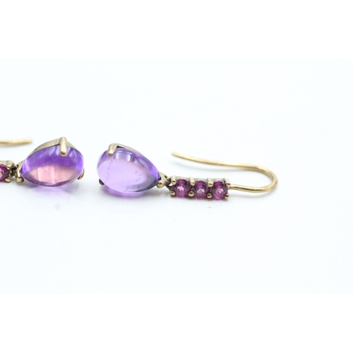 151 - 9ct gold cabochon cut amethyst & pink gemstone drop earrings with French hooks (1.9g)