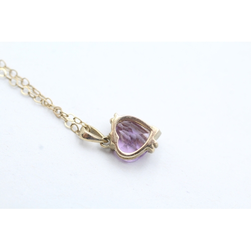 167 - 9ct gold heart cut amethyst pendant necklace (1.8g)