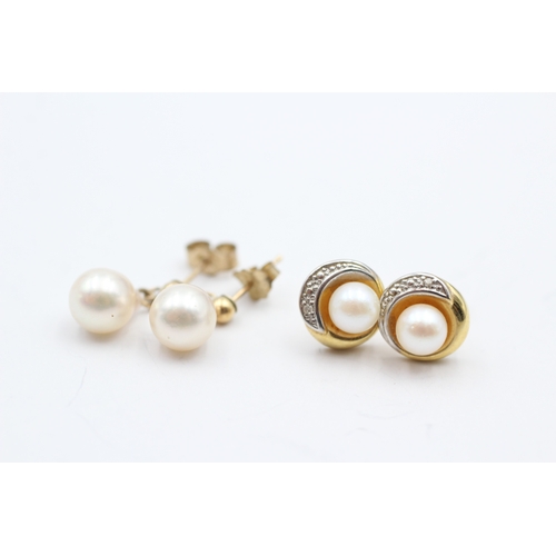 172 - 2x 9ct gold cultured pearl & diamond earrings (3.5g)