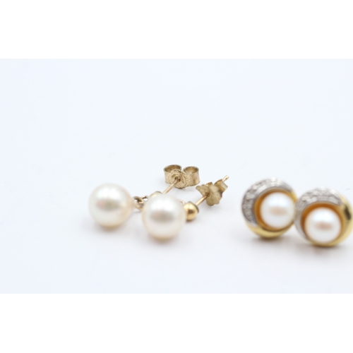 172 - 2x 9ct gold cultured pearl & diamond earrings (3.5g)