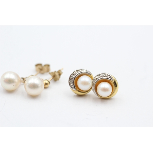 172 - 2x 9ct gold cultured pearl & diamond earrings (3.5g)