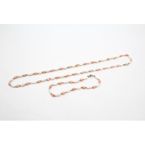 173 - 2x 9ct gold coral & rice pearl necklaces (8.8g)