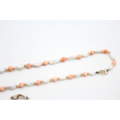 173 - 2x 9ct gold coral & rice pearl necklaces (8.8g)