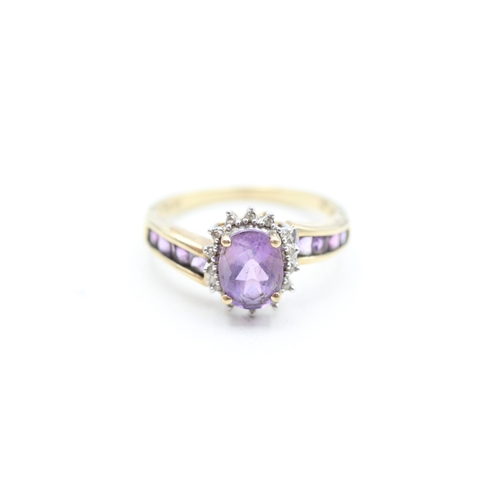 177 - 9ct gold amethyst and diamond halo twist ring (2.8g) Size P