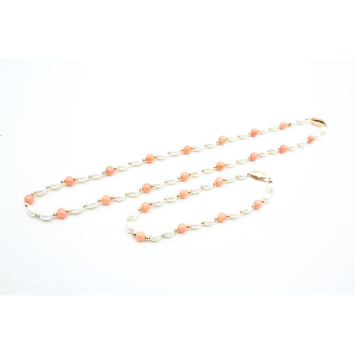 179 - 2x 14ct gold seed pearl & coral necklace (15.7g)