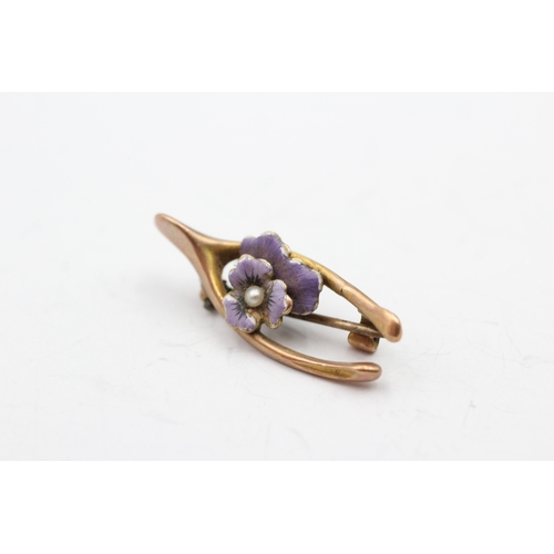 188 - 9ct gold vintage seed pearl & purple enamel floral wishbone (2.4g)