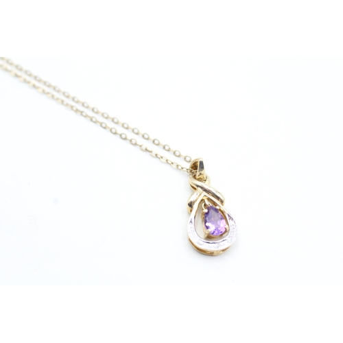 190 - 9ct gold pear cut amethyst and diamond set pendant necklace (2.2g)