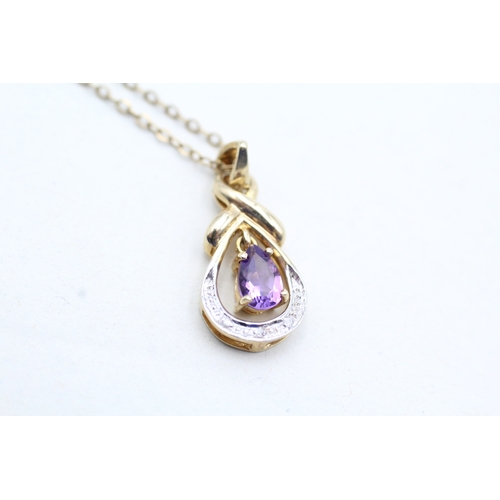 190 - 9ct gold pear cut amethyst and diamond set pendant necklace (2.2g)