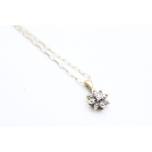 198 - 9ct gold diamond cluster pendant on chain (1.5g)