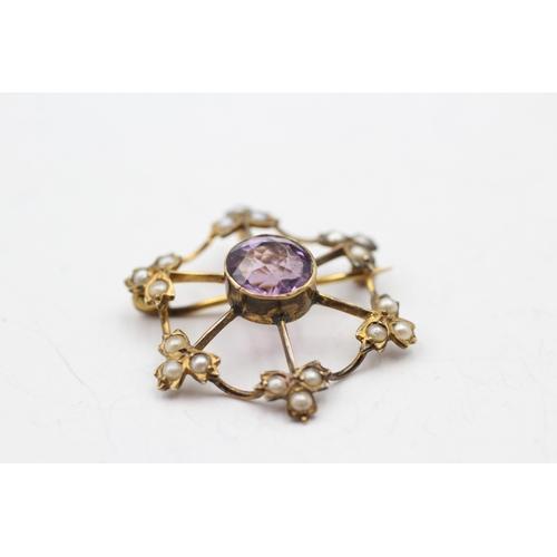 199 - 9ct gold amethyst and seed pearl brooch (2.4g)